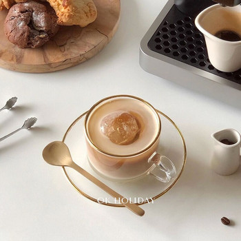 Nordic Creative Луксозна чаша Стъклена прозрачна златна джанта с комплект чинийки Чаша Tazas Cafe Съдове за напитки Мляко Чаши за чай Офис