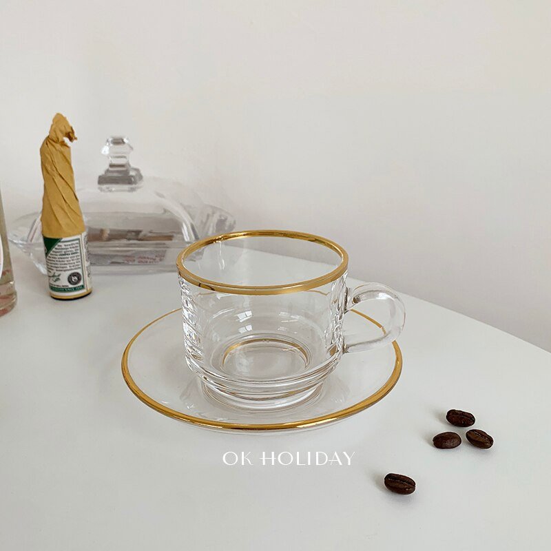 Nordic Creative Luxus csésze üveg átlátszó arany perem csészealj készlet csésze Tazas Cafe Italkészlet Reggeli Tej Tea Csésze Iroda