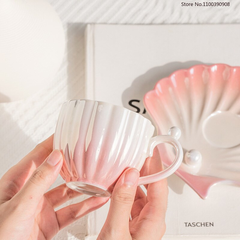 Cana de cafea din coajă de perle În stil european, set de căni de cafea din ceramică creativă cu farfurie, mic dejun, lapte, ceai de după-amiază, ceai cu suc