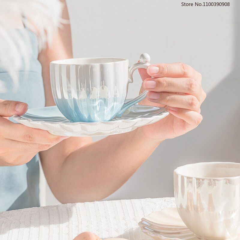 Cana de cafea din coajă de perle În stil european, set de căni de cafea din ceramică creativă cu farfurie, mic dejun, lapte, ceai de după-amiază, ceai cu suc
