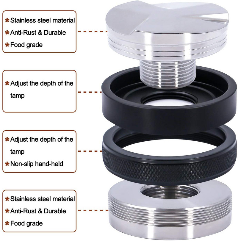 51/53/58 mm kavos skirstytuvas Reguliuojamo gylio espreso tamper nerūdijančio plieno dvigubos galvutės kavos lygintuvas, tinkantis Breville portafiltrui
