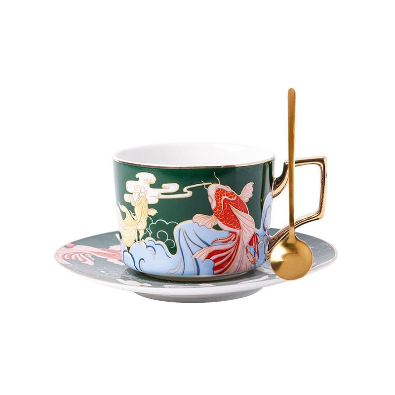 Porcelán kávéskészlet Kerámia teáscsészék és csészealjak kanalas étkészlettel Születésnapi ajándék esküvői ajándék 250 ml arany, kézi ingyenes szállítás