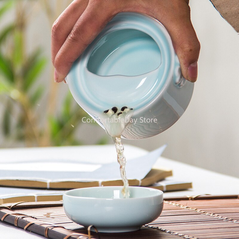 Celadon teáskanna utazó teáscsésze kerámia halpohár vízforraló kerámia hordozható utazó teáskészlet barát ajándékok 1 Gaiwan 1 csésze porcelán D038