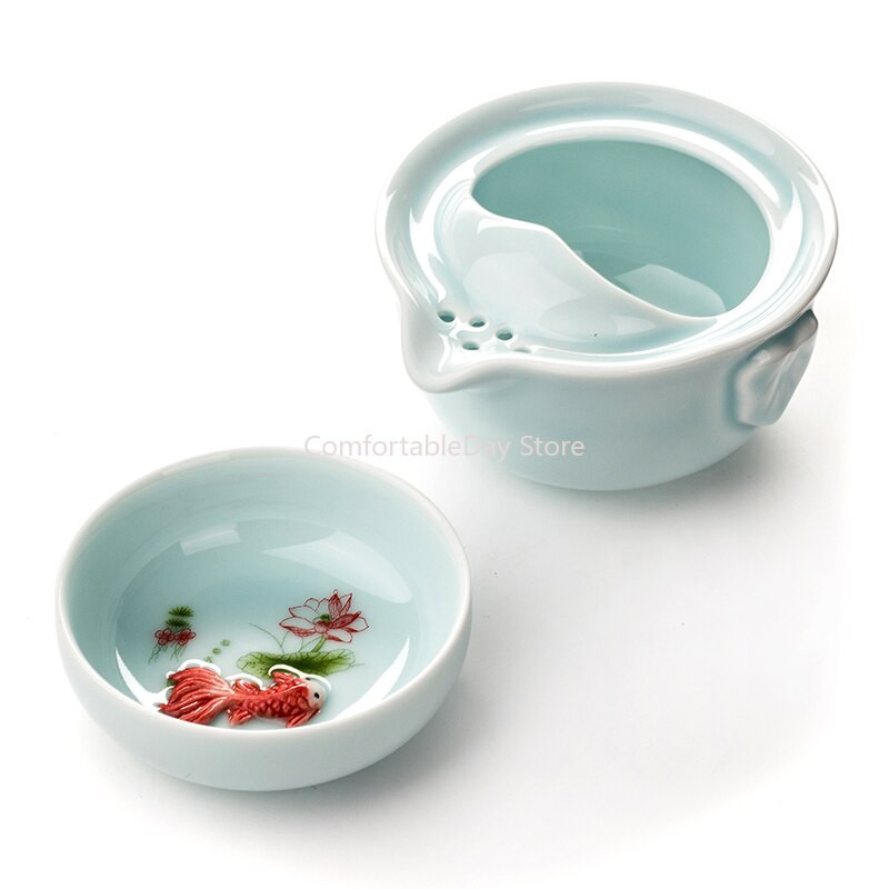 Celadon teáskanna utazó teáscsésze kerámia halpohár vízforraló kerámia hordozható utazó teáskészlet barát ajándékok 1 Gaiwan 1 csésze porcelán D038