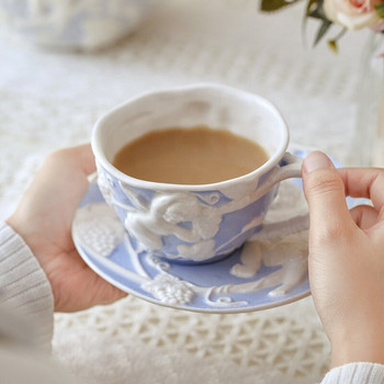 Vintage Blue Relief Σετ Φλιτζάνι Καφέ και Τσάι Άγγελος Ανάγλυφο Χερουβείμ χειροποίητο Κεραμικό Απογευματινό Τσάι Καφέ και Τσαγιέρα