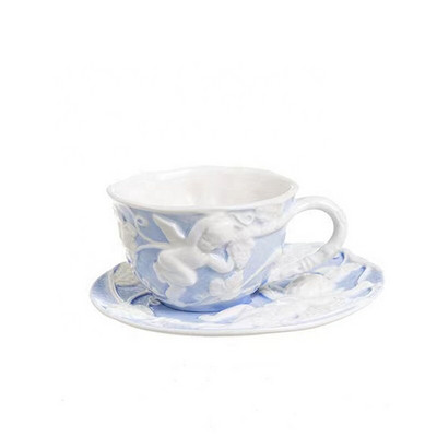 Vintage Blue Relief Angel kohvi- ja teetassikomplekt Reljeefsed käsitöökerubid Käsitsi maalitud keraamiline pärastlõunatee kohvitass ja teekann