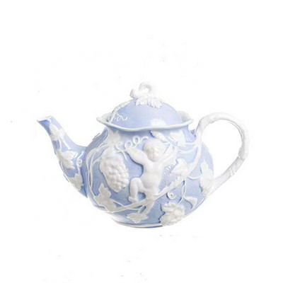 Vintage Blue Relief Angel kávés és teás csésze készlet Dombornyomott kézműves kerubok, kézzel festett kerámia délutáni tea kávéscsésze és teáskanna