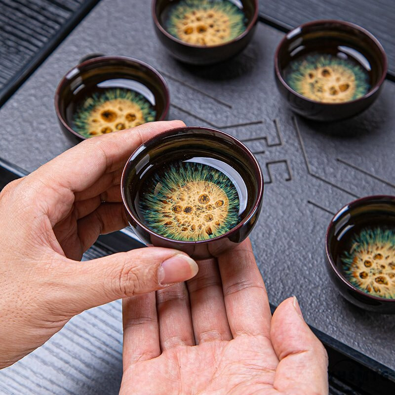 YHSMTG Керамична порцеланова чаша за чай Купа за чай Jun Kiln Change Brushed Color Sand Gold Glaze Китайски набор от чаени чаши Малки керамични чаши