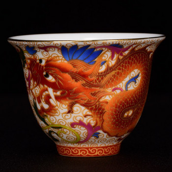 Чаша за чай, керамична единична чаша, емайлирана, рисувана златна чаша с дракон и феникс, порцеланова кунг-фу чаена чаша