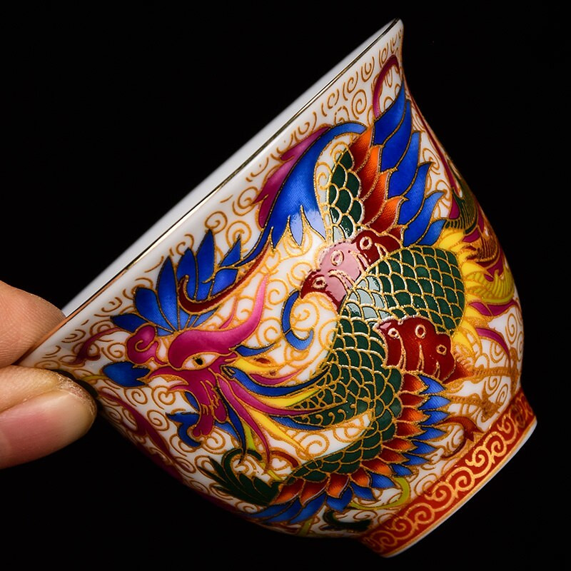 Teáscsésze Kerámia egycsészékes zománcozott arany sárkány és Phoenix teáscsésze porcelán Kung Fu teáskészlet