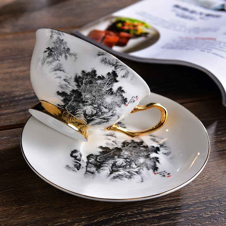 Set de căni de ceai Pictură de artă chineză Îmbrăcăminte de cafea culturală orientală Seturi de cafea din oase din China Cei de cadou de lux și farfurii cu lingură