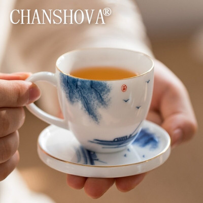 CHANSHOVA 70 ml Китайски стил Ръчно рисувана керамична чаша за кафе Комплект чинийки комплект чаша за чай Чаша Прибори за пиене Китайски порцелан H371