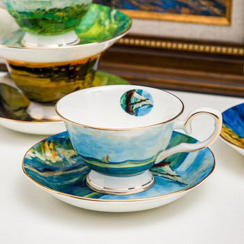 Πιατάκι σετ καφέ πορσελάνης με λεπτό κοκάλινο σετ τσαγιού Van Gogh ζωγραφική σετ τσαγιού κεραμικό & επαγγελματικό φλιτζάνι και πιατάκι καφέ
