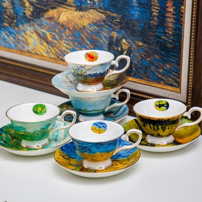 Izsmalcināta kaula porcelāna kafijas komplekta apakštase Van Gogh gleznas tējas komplekts keramikas un biznesa kafijas krūze un apakštase