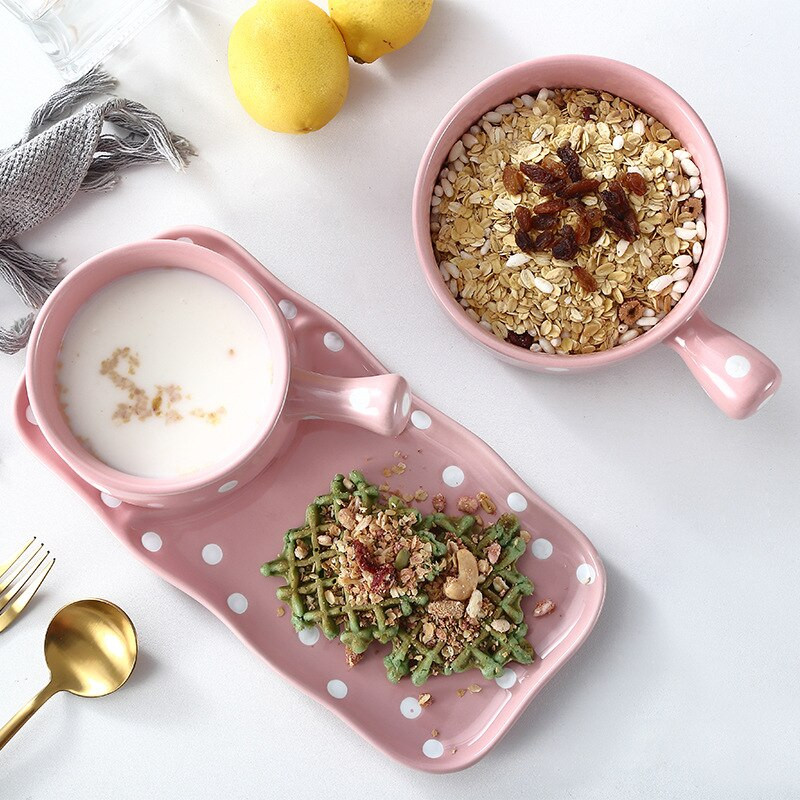 Creative Dot Handle Indai Nordic mielas keraminis pusryčių dubuo su padėklu, pritaikytas pieno avižinių dribsnių užkandžių rinkinys
