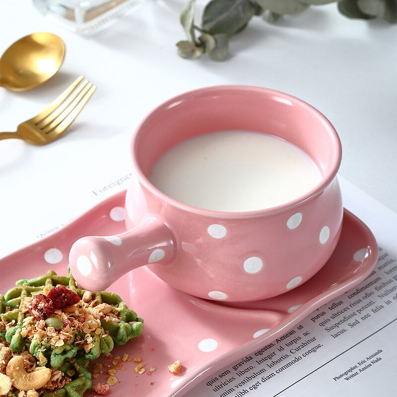 Creative Dot Handle Indai Nordic mielas keraminis pusryčių dubuo su padėklu, pritaikytas pieno avižinių dribsnių užkandžių rinkinys