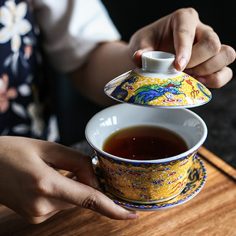 Kerámia fedeles tál teáscsésze Sancai tál Babao teafőző teástál Huang Shuanglong antik hot pot étterem single