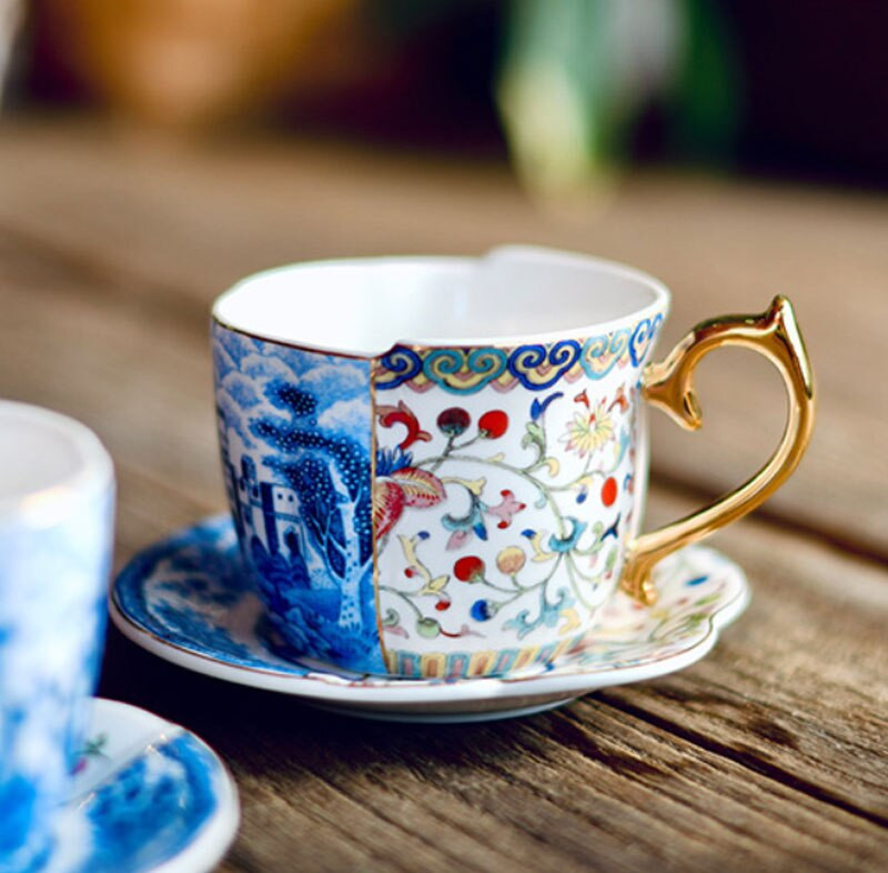 Keraminės kavos puodelio lėkštės arbatos puodelių rinkinys Kinų stiliaus kūrybinga spalva mėlyna ir balta porceliano rankena porcelianinis puodelis su dovanų dėžute