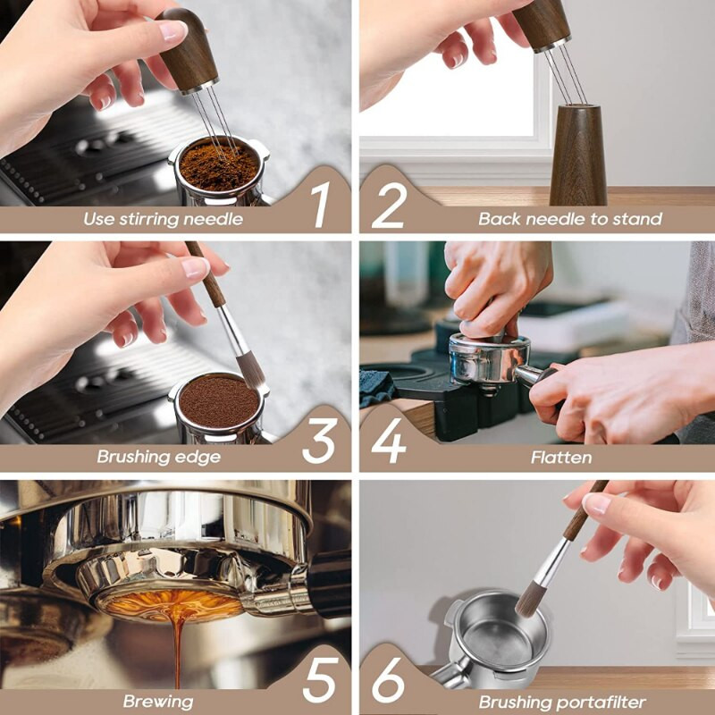 Espresso kávékeverő tű szabotázselosztó WDT szerszám tartóval Tisztítókefe fa nyél Barista kiegészítő készlet
