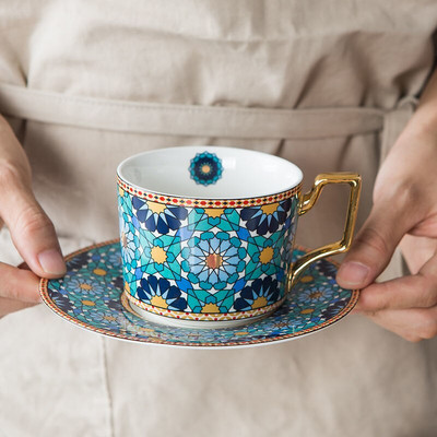 Cești de cafea cu farfurii, porțelan în stil marocco, acasă, bucătărie, birou, masă, băuturi, cană de ceai personalizată cadou pentru femei