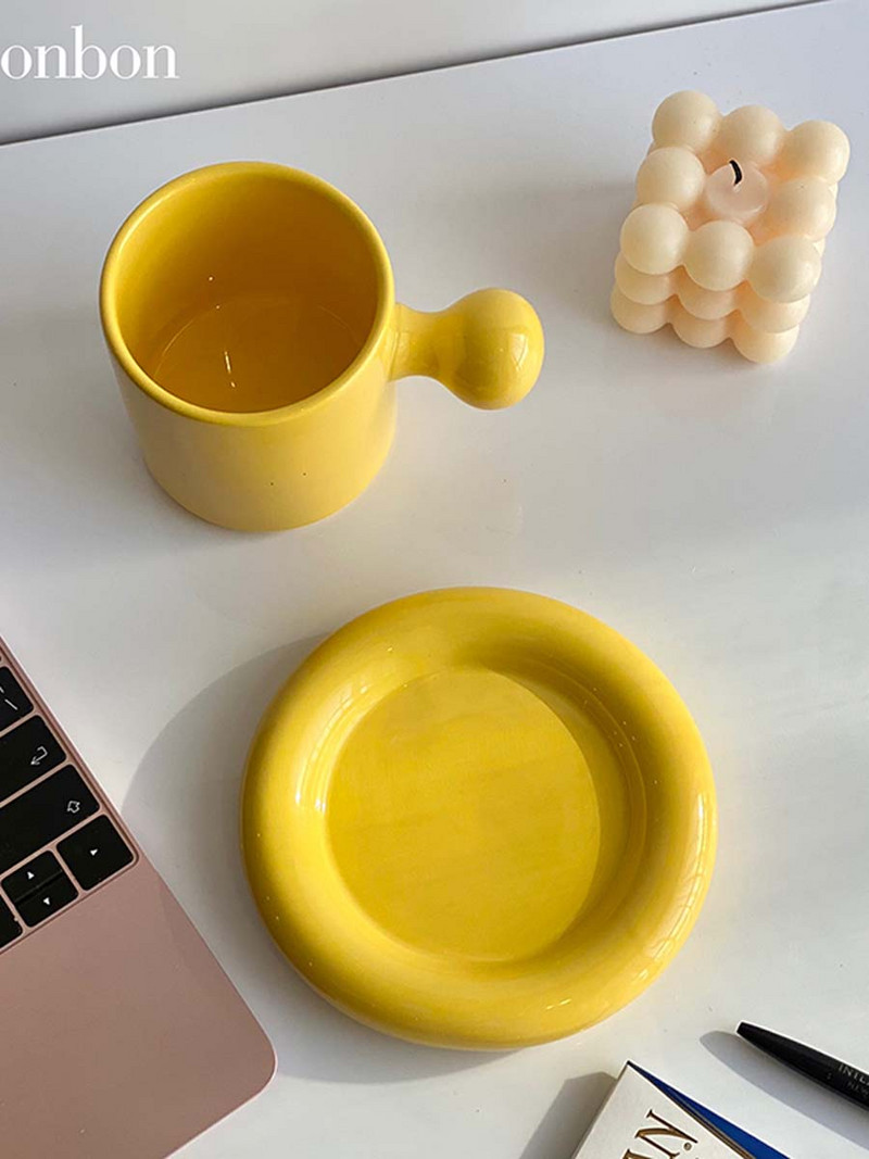 Korea porcelán sárga kávéscsésze dekoráció reggeli színes kávés csésze uzsonnatál Kreatív Taza csésze és csészealj készlet AA50BD