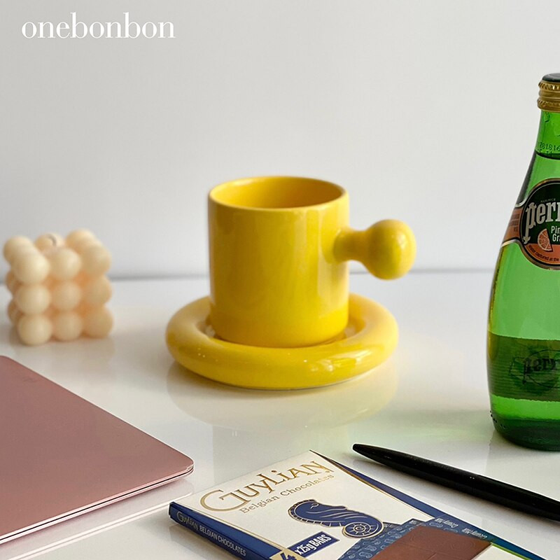 Korea porcelán sárga kávéscsésze dekoráció reggeli színes kávés csésze uzsonnatál Kreatív Taza csésze és csészealj készlet AA50BD