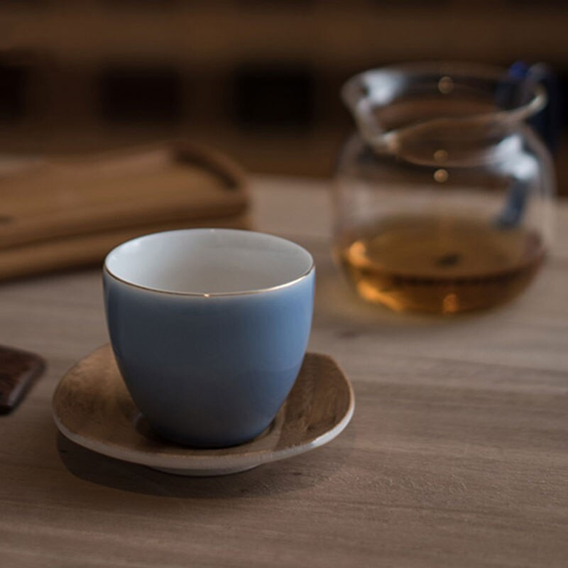 Golden Edge rankų darbo keraminiai arbatos puodeliai su bambuko puodelio lėkšte