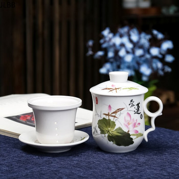 Сини и бели порцеланови офис чаши за чай с капак филтър Творчески керамични ръчно рисувани чаши за вода Домакински съдове и прибори Подаръци
