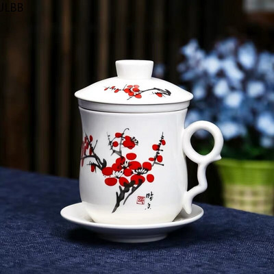 Kék-fehér porcelán irodai teáscsészék fedőszűrővel Kreatív kerámia, kézzel festett vizescsészék Háztartási ivóedények Ajándékok