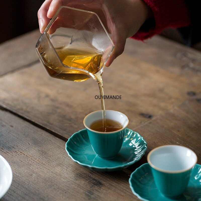 Keramičke zelene šalice za čaj od 30 ml u tradicionalnom kineskom stilu Kineski porculanski setovi šalica za čaj i tanjuriće Tirkizno zelena keramika