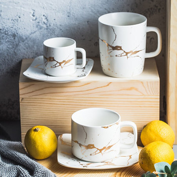 Керамични комплект чаши за чай и чинийки Комплект порцеланови чаши за чай с креативен златен дизайн Черен комплект чаши за кафе Комплект съдове и прибори