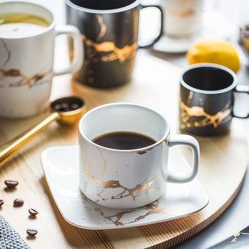 Керамични комплект чаши за чай и чинийки Комплект порцеланови чаши за чай с креативен златен дизайн Черен комплект чаши за кафе Комплект съдове и прибори