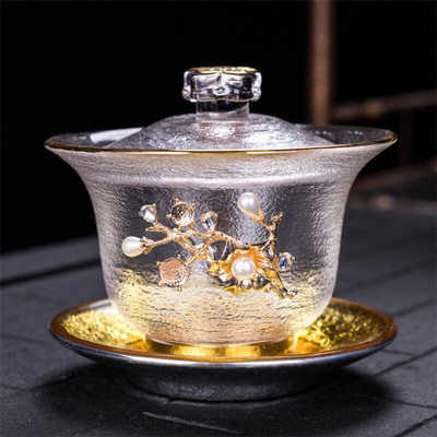 Japán stílusú átlátszó üveg teástál fedővel Kreatív kalapács mintás nagy hőálló teáscsésze Otthoni Kung Fu italos edények