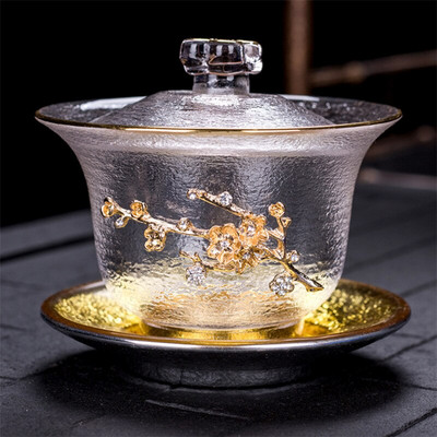 Japán stílusú átlátszó üveg teástál fedővel Kreatív kalapács mintás nagy hőálló teáscsésze Otthoni Kung Fu italos edények