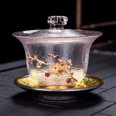 Japán stílusú átlátszó üveg teástál fedővel Kreatív kalapács mintás nagy hőálló teáscsésze Otthoni Kung Fu italos edények