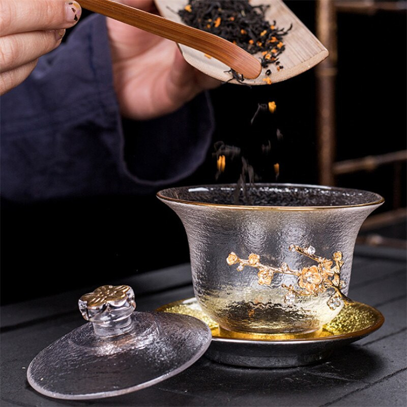 Japán stílusú átlátszó üveg teástál fedővel Kreatív kalapács mintás nagy hőálló teáscsésze Otthoni Kung Fu italos edények