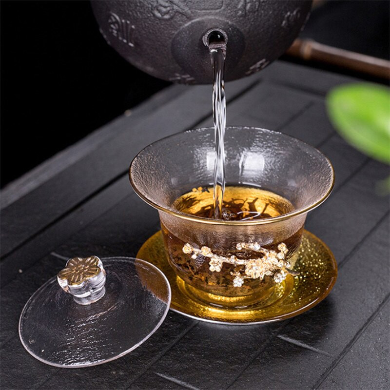 Japán stílusú átlátszó üveg teástál fedővel Kreatív kalapács mintás nagy hőálló teáscsésze Otthoni Kung Fu italos edények