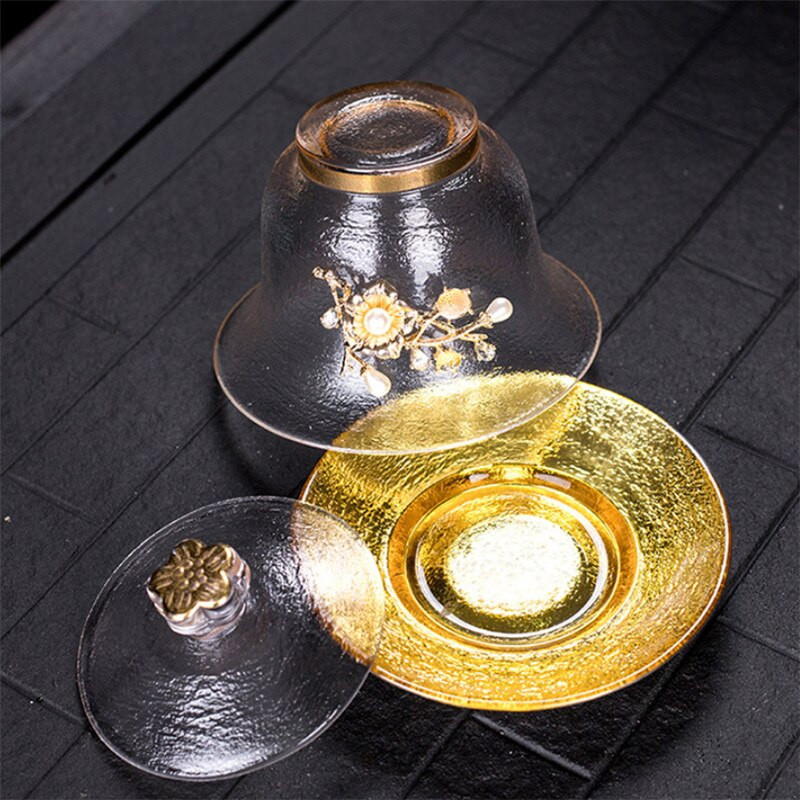 Japán stílusú átlátszó üveg teástál fedővel Kreatív kalapács mintás nagy hőálló teáscsésze Otthoni Kung Fu italos edények
