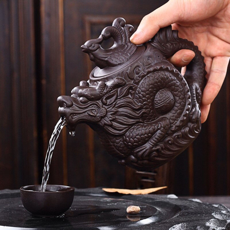CJ255 kerámia teáskanna, hagyományos kínai teáskanna Dragon és Phoenix teáskanna Prémium teainfuser lila agyag teáskészlet