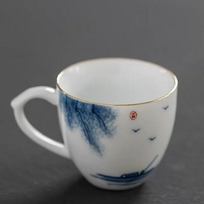 Keraminis rankomis dažytas Lotus Master arbatos puodelis su rankena balto porceliano arbatos puodelis Paprastas kiniškas Kung Fu vandens puodelis biuro gėrimai