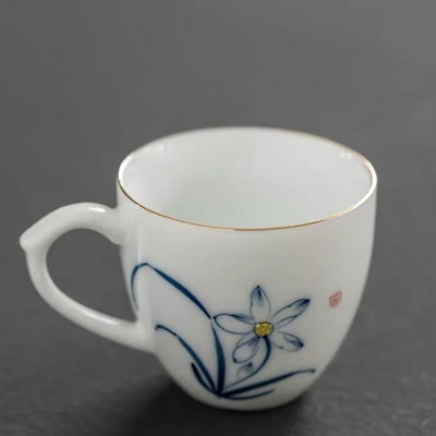 Keraminis rankomis dažytas Lotus Master arbatos puodelis su rankena balto porceliano arbatos puodelis Paprastas kiniškas Kung Fu vandens puodelis biuro gėrimai