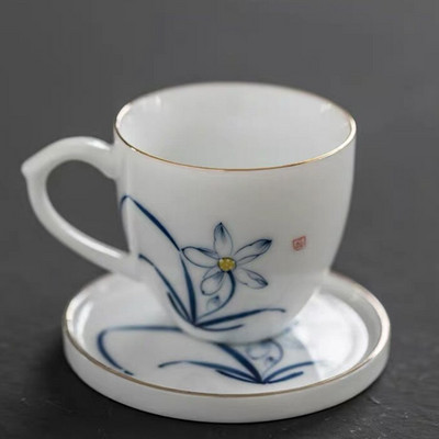 Keraminis rankomis dažytas Lotus Master arbatos puodelis su rankena balto porceliano arbatos puodelis Paprastas kiniškas Kung Fu vandens puodelis biuro gėrimai