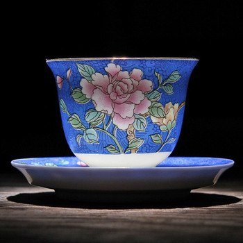 Jingdezhen Ръчно рисувана пастелна чаша за чай и чинийка Божур Традиционна китайска керамична купа за чай Порцеланова чаша за чай Чаена посуда за напитки