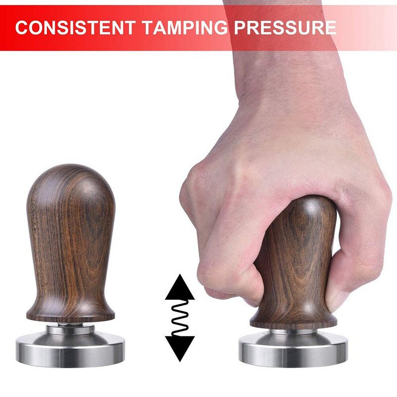 53/58 mm-es kalibrált eszpresszó kávé szabotázs 30 font rugós eloxált fa fogantyús rozsdamentes acél lapos talpú kézi szabotázs