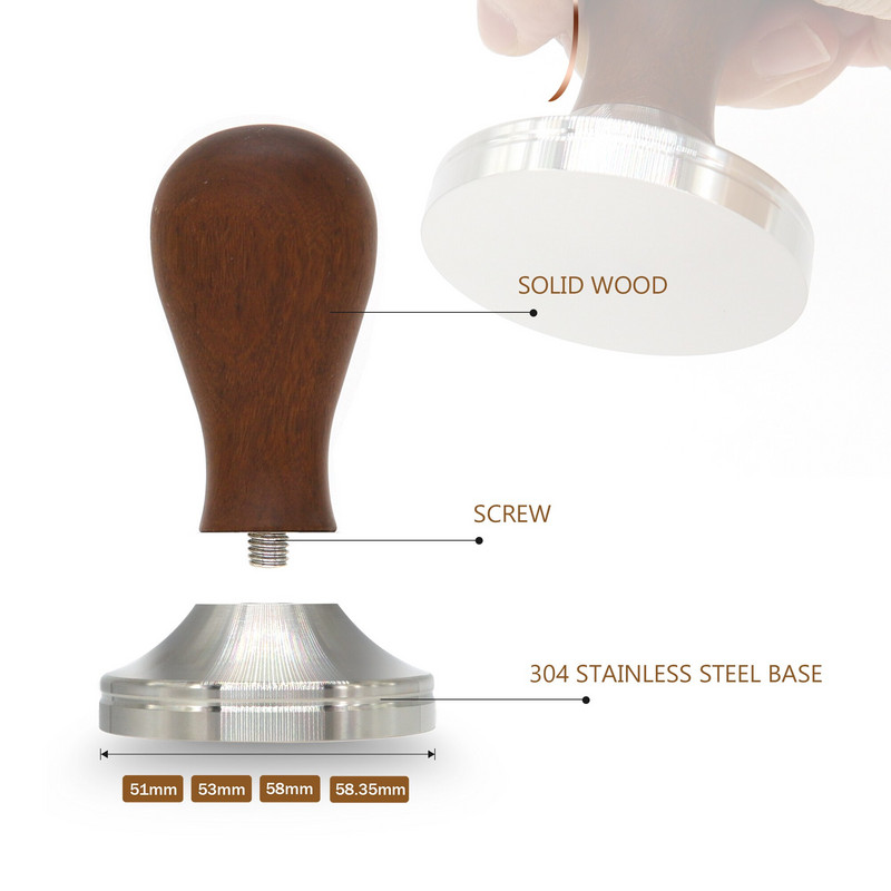 51/53/58/58,35 mm kávé szabotázs 304 rozsdamentes acél vörös szantálfa nyél szabotázs eszpresszó por kávétartozékok Barista számára