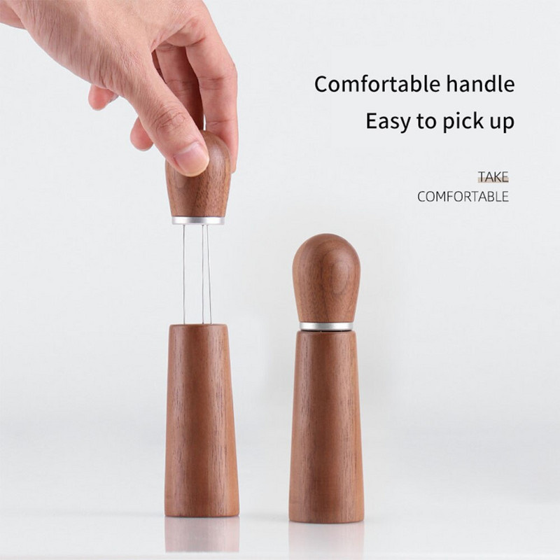 Espresso kávékeverő tömörfa nyéllel rozsdamentes acél tűk elosztó kávépor keverő elosztó barista eszközök