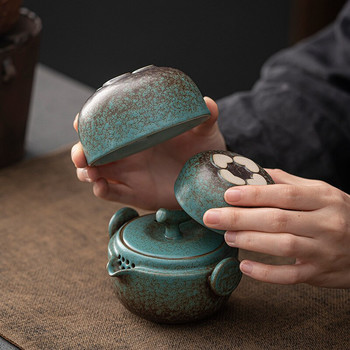 Зелен керамичен чайник Чаша за чай Ръчно изработени преносими комплекти за чай за пътуване Китайски дизайнерски ретро прибори за чай Ретро чаши Уникален подарък за приятел