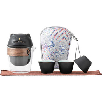 Преносим комплект за чай за пътуване Обикновена кунг-фу кана за чай Чаша за късмет Котка На открито Една тенджера Три чаши Стъклокерамични съдове за чай Подаръци