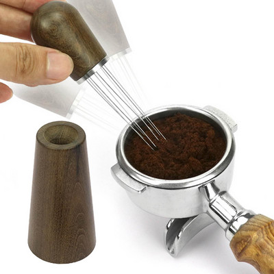 Tűs kávészabotázselosztó, fa nyelű kávékeverő állvánnyal Barista eszpresszó elosztó eszköz