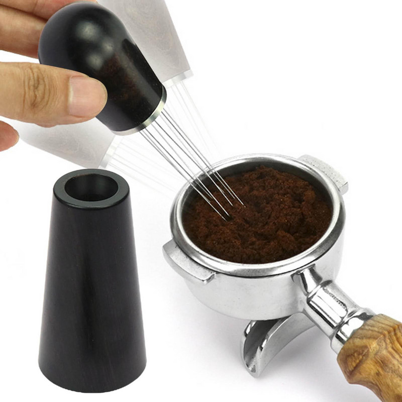 Tűs kávészabotázselosztó, fa nyelű kávékeverő állvánnyal Barista eszpresszó elosztó eszköz